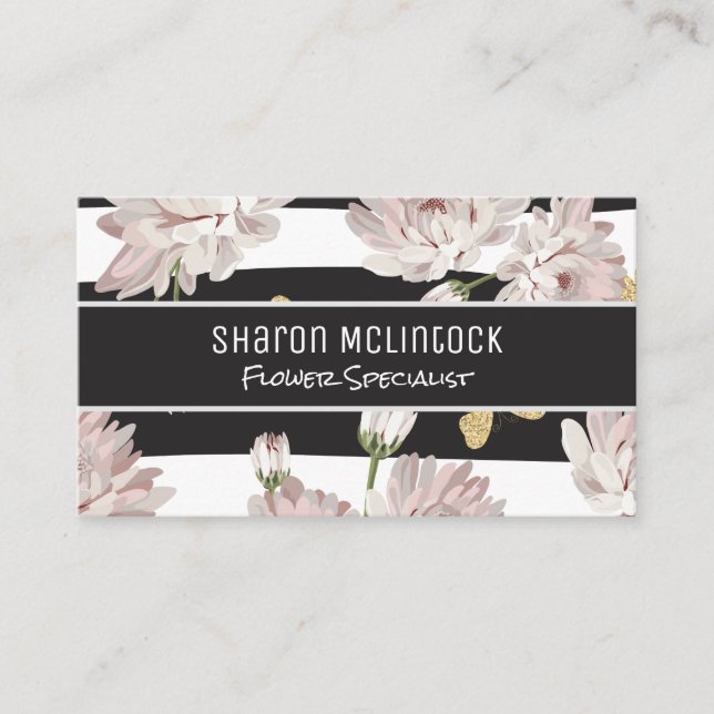 Flowers and Glitter Butterflies Business Card (Front)