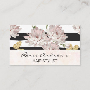 Flowers and Glitter Butterflies Stripe Pattern Business Card