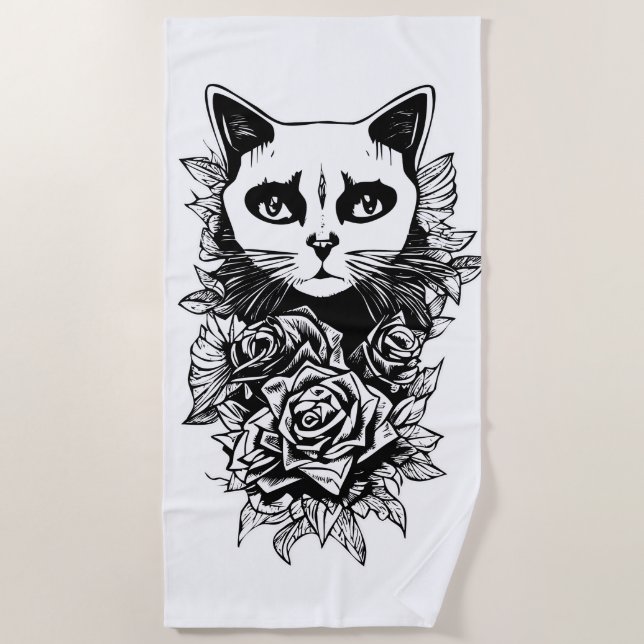 Flowers And Gothic Cat Beach Towel (Front)