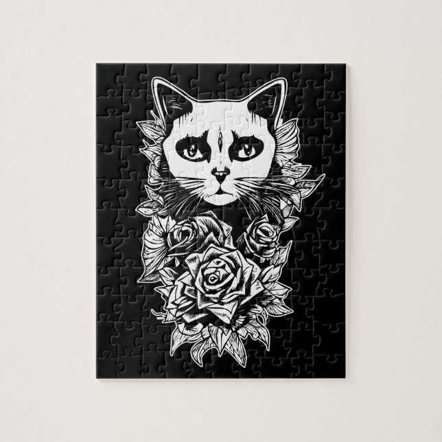 Flowers And Gothic Cat Jigsaw Puzzle (Vertical)
