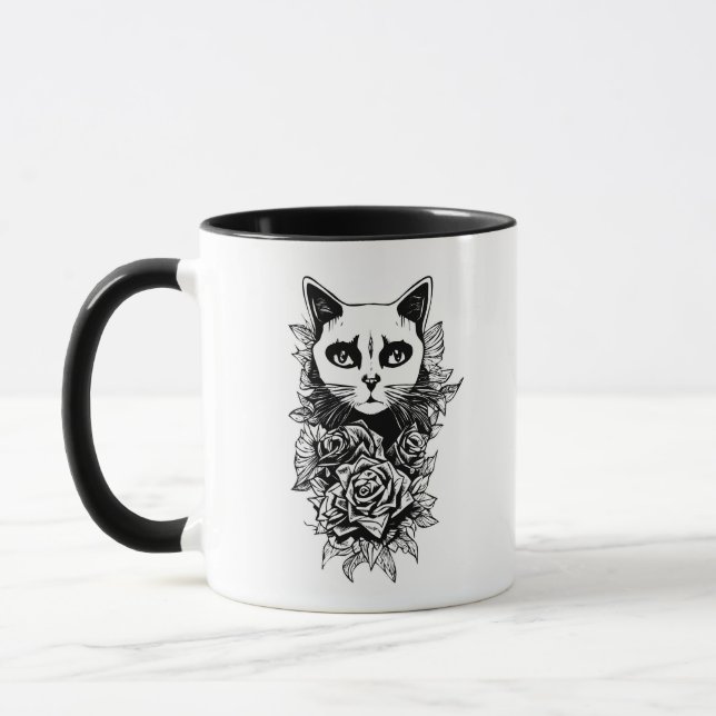 Flowers And Gothic Cat Mug (Left)