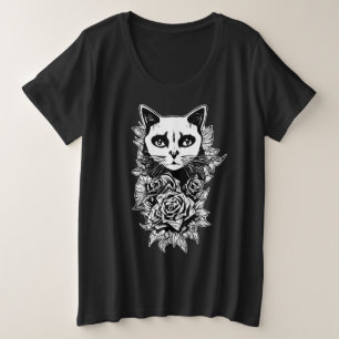 Flowers And Gothic Cat Plus Size T-Shirt