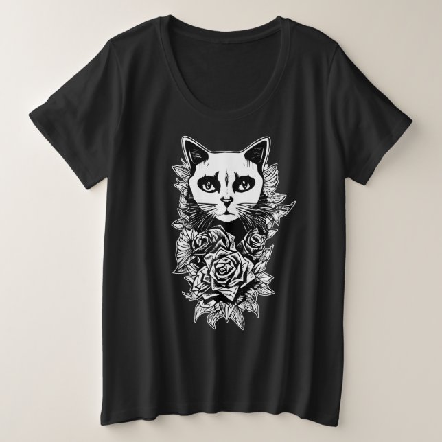 Flowers And Gothic Cat Plus Size T-Shirt (Design Front)