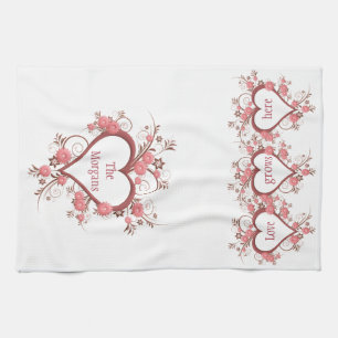 Flowers and Hearts Love Grows Here and Family Name Tea Towel