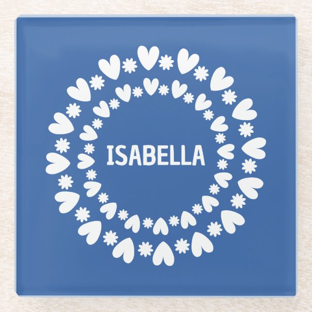 Flowers And Hearts Name Glass Coaster (Front)