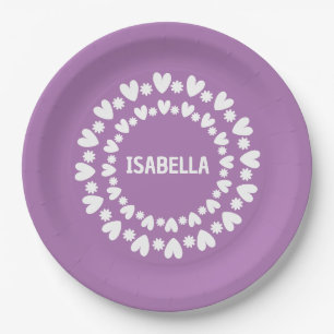 Flowers And Hearts Name Paper Plate