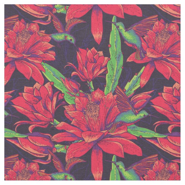 Flowers And Hummingbirds Fabric (Close Up)