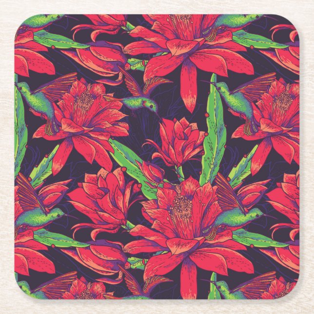 Flowers And Hummingbirds Square Paper Coaster (Front)