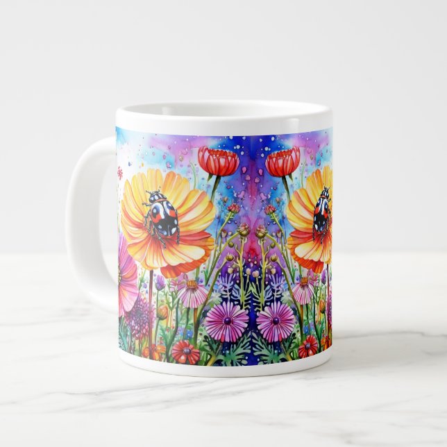 Flowers and Ladybugs Large Coffee Mug (Front Left)