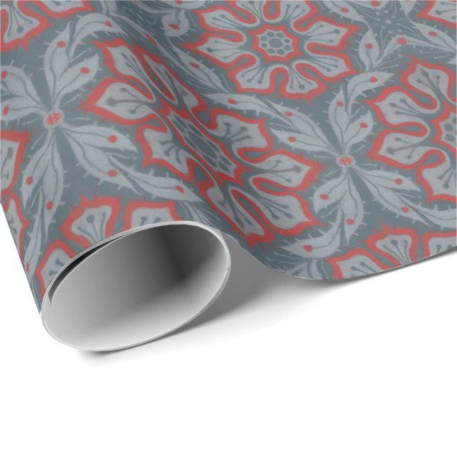"Flowers and laurels" arabesque pattern, grey, red Wrapping Paper (Roll Corner)