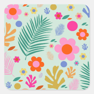 Flowers And Leaves 01 Green Floral Square Sticker