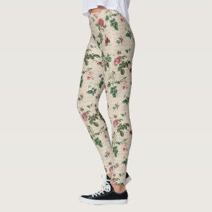 Flowers And Leaves Beige Background Leggings
