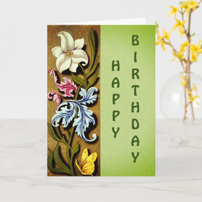 Flowers And Leaves Floral Art Birthday   Card (Yellow Flower)