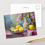 Flowers and Lemons Modern Still Life Postcard<br><div class="desc">A delightful modern art painting in an impressionist style, showcasing a still life of vibrant flowers and lemons, expressed through textured brushstrokes in muted pastel pink, blue, and yellow tones. The soft, harmonious colours create a tranquil ambiance, while the lively brushwork adds depth and movement to the composition. This fresh...</div>