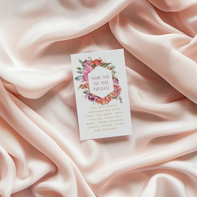 Flowers and macaroons gold border thank you enclosure card (Floral thank-you card with watercolor flowers and gold text, placed on soft blush fabric background)