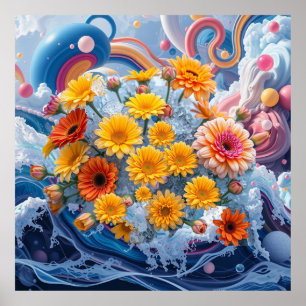Flowers and Ocean Waves Poster