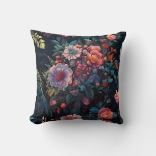Flowers and Peacocks In a Colorful Garden Cushion