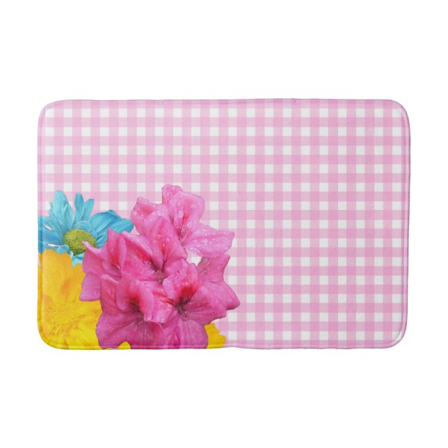 Flowers and Pink Gingham Bath Mat (Front)