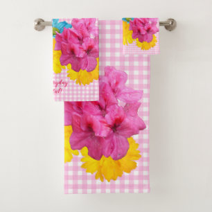 Flowers and Pink Gingham Bath Towel Set