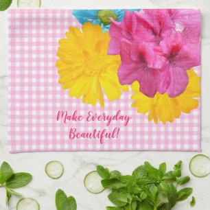 Flowers and Pink Gingham Tea Towel