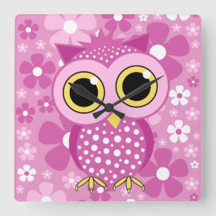 flowers and pink owl square wall clock