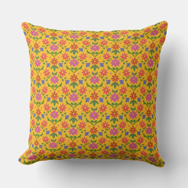 Flowers and Polka Dots on Yellow Pillow or Cushion (Front)