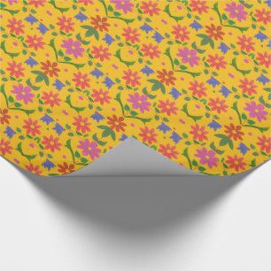 Flowers and Polka Dots on Yellow Wrapping Paper