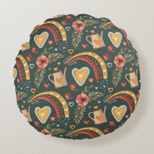 Flowers and Rainbows Boho Pattern Round Cushion