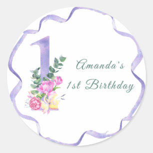 Flowers and ribbon First birthday party Classic Round Sticker
