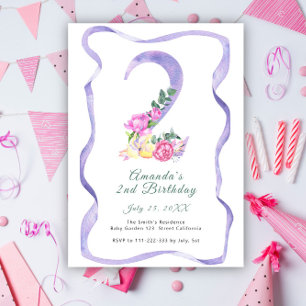 Flowers and ribbon number 2nd Birthday Party Invitation