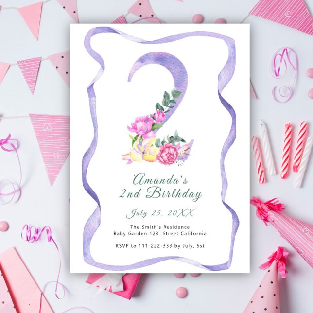 Flowers and ribbon number 2nd Birthday Party  Invitation (Creator Uploaded)