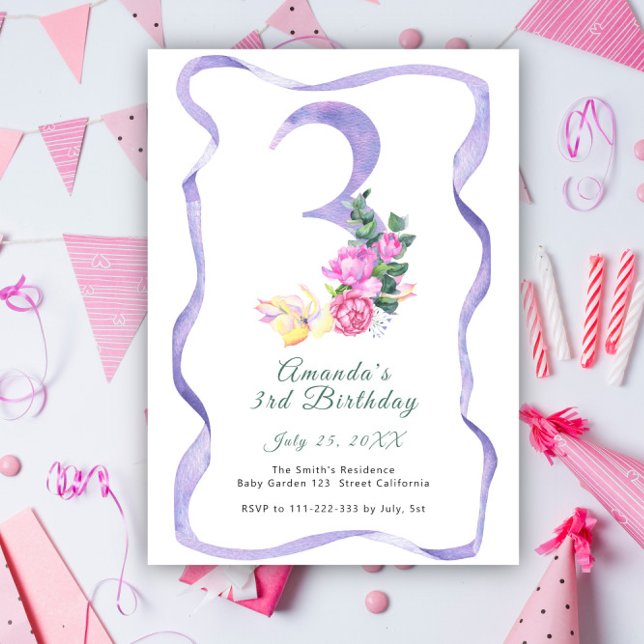 Flowers and ribbon number 3rd Birthday Party  Invitation (Creator Uploaded)