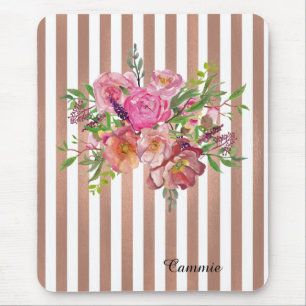 Flowers and Rose Gold Stripes Mouse Pad