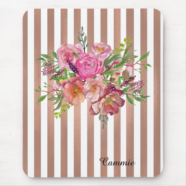 Flowers and Rose Gold Stripes Mouse Pad (Front)