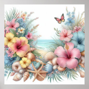 Flowers and seashells watercolor in pastel colours poster
