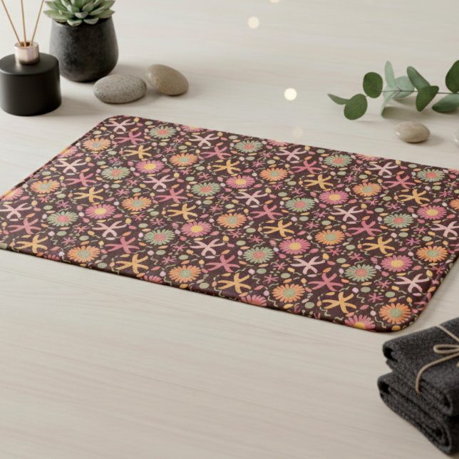 Flowers And Starfish On Chocolate Brown Bath Mat (Cute comfort for your toes and your aesthetic with fun playful starfish and flowers on rich coco.)