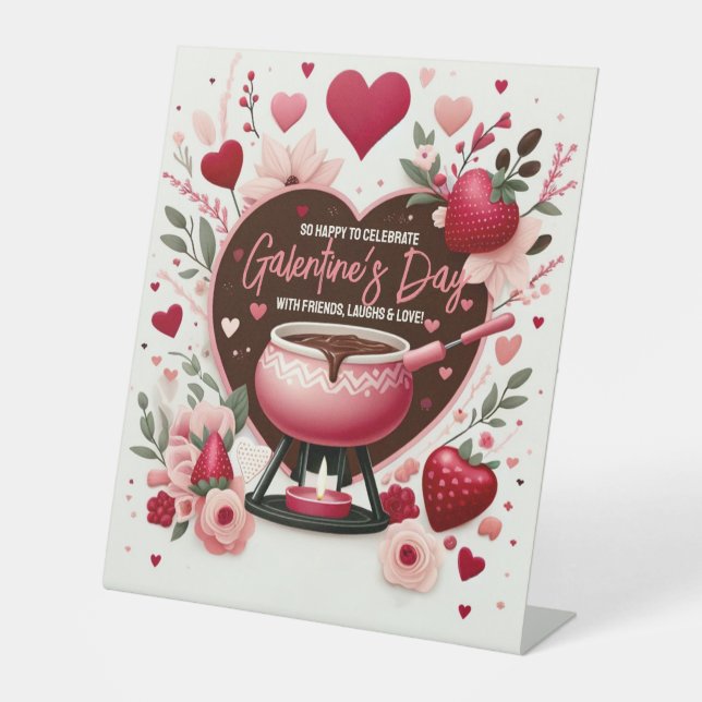 Flowers and Strawberries Galentine's Fondue Party Pedestal Sign (Front)