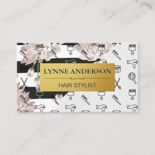 Flowers and Stripes Hairstylist Tools Pattern Business Card