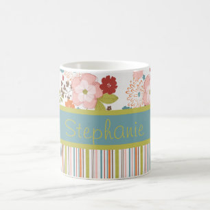 Flowers and Stripes Personalised Coffee Mug