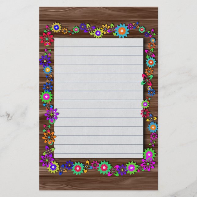 Flowers and Woodgrain Stationery (Front)