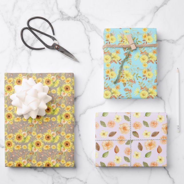 Flowers Autumn Fall Birthday Baby Shower Wedding Wrapping Paper Sheet (Front)