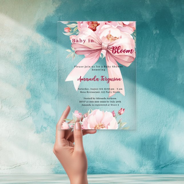 Flowers baby bloom pink bow clear Baby Shower Acrylic Invitations (Creator Uploaded)