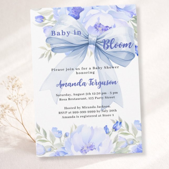 Flowers baby in bloom blue bow boy Baby Shower Invitation (Creator Uploaded)