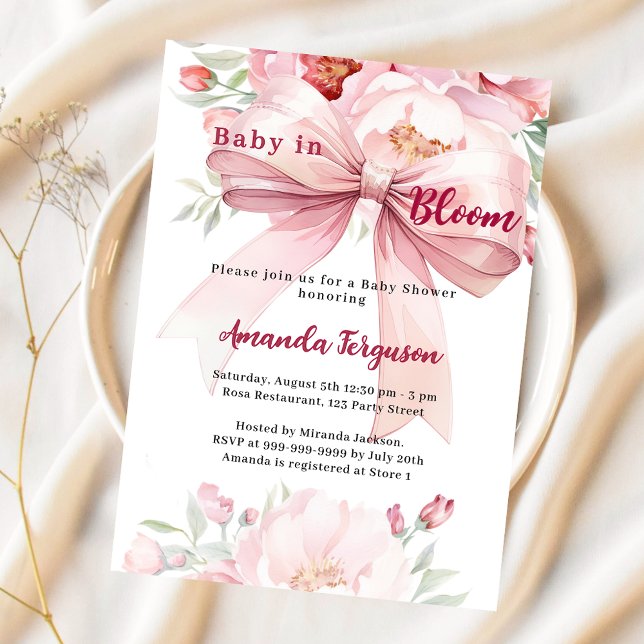 Flowers baby in bloom pink bow girl Baby Shower Invitation (Creator Uploaded)