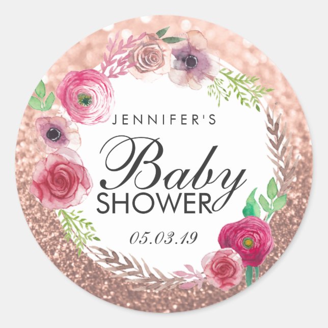 Flowers Baby Shower Pink Rose Gold Glitter Classic Round Sticker (Front)