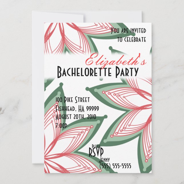Flowers Bachelorette Party Green Invitation (Front)