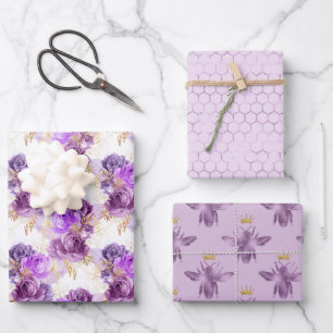 Flowers Bees and Honeycomb Wrapping Paper Sheet