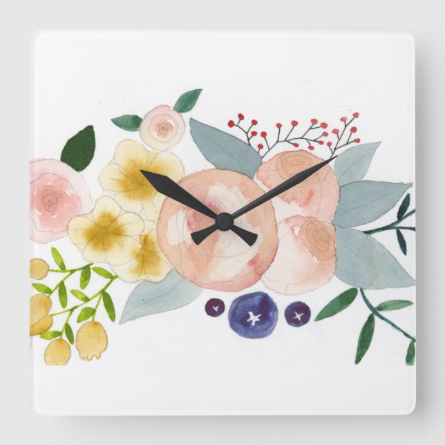 Flowers, Berries, and Leaves Watercolor Clock (Front)