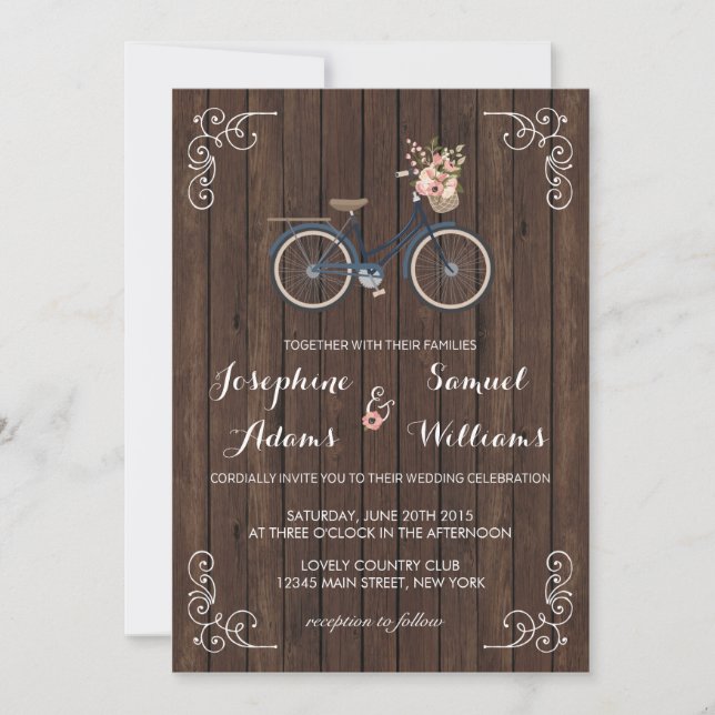 Flowers Bicycle Wood Wedding Invitation (Front)