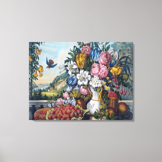 Flowers Bird Fruit Still Life Canvas Print (Front)